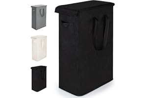 Rieeyrslza Wąski Kosz na Pranie z Pokrywa 55L Składany Oxford Kosz na Pranie z Przedłużonymi Uchwytami Wielofunkcyjne Kosz do Przechowywania do Lazienki, Sypialni, Pralni (Czarny)