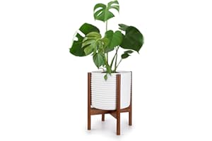 Fox & Fern Soporte Moderno para Plantas - Bambú Tejido en Tiras - Ajustable de 27,9 cm a 38 cm de Ancho - NO Incluye la Maceta de cerámica Blanca