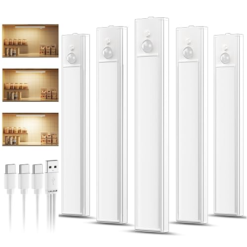 daphomeu Pack of 5 Rechargeable Under-Unit Lights Kitchen LED, 20 cm Dimmable Warm Cabinet Lighting, Night Light with Motion Sensor Indoor, Motion Sensor Light for Kitchen, Stairs and Wardrobes
