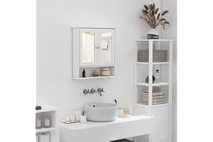 kleankin Armario de Baño con Espejo de Pared con 2 Puertas y 3 Niveles para Almacenamiento, para Pared de Cocina, Baño, Salón, con Tablero de MDF Blanco 56x13x58cm
