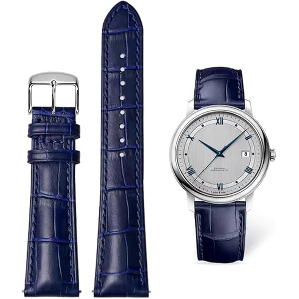 Bracelet de montre - cuir de veau - grain croco - bleu surpiqué 22mm A