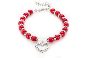 Ling & Bai Pet Supplies Pearl Necklace Dog Love Diamond Pendant Collar Rhinestones Jewelry for Puppy and Kitten (Red, M)