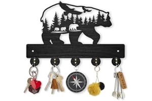 MAYJOYDIY Bear Forest Eagle Coat Rack Wall Mount 30×20cm Bear Wall Art Decor Wildlife Animal Key Holder for Wall Black Wooden Key Hanger Rack 5 Alloy Hooks for Kitchen Bedroom Entryway Gifts