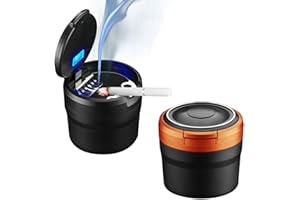 Geoyien Cenicero Coche con Tapa, Luz LED Totalmente Automática, Sellada, Resistente a Altas Temperaturas, Desmontable, Gran Capacida (Negro + Naranja)