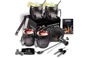 ‎YOBANSA Yobansa 4er Set Moskauer Mule Becher, Cocktailgläser Geschenkset mit Untersetzer, Cocktail Strohhalmen, Löffel, Reinigungsbürste, Weinzubehör (Black)