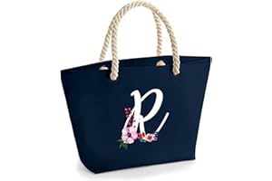 Colorfamily Borsa Mare Donna Grande Borsa Da Spiaggia con Iniziale Floreale - Scegli la tua Iniziale - 100% cotone Canvas