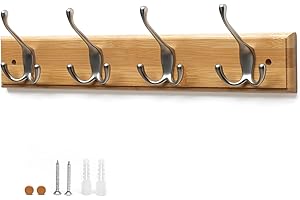 Flatro Coat Hooks Wall-Mounted | Bamboo Coat Rack with 4 Triple Zinc Alloy Hooks to Hang Hats, Jackets, Bags, Keys, Towels & More | Best Suited for Home Entrance, Bedrooms, Bathroom | Fixings Included