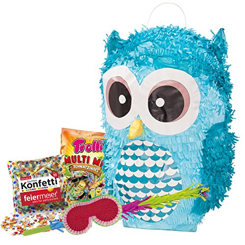 PINATA-SET: Pinata Süße Eule + Schläger + Maske + Trolli Süßigkeiten-Füllung + Konfetti - PARTYMARTY GMBH®