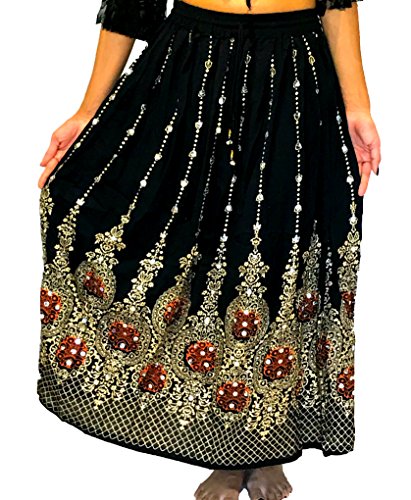 Falda larga de lentejuelas Dancers World Ltd de bonito diseño, estilo hippie bohemio, para danza del vientre, Black Gold with Orange inset
