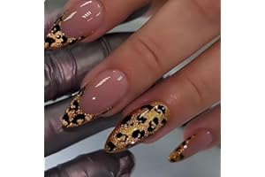 GlamRays 24 pezzi Leopardo French Press On Nails Medio Mandorla Finte Nails Con Oro Leopardo Print Design Copertura Completa Nude Akryl Lucido Nails Artificiali