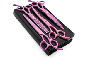 Moontay Professional 7.0" Dog Grooming Scissors Set, 4-Pieces Straight, Upward Curved, Downward Curved, Thinning/Blending Shears for Dog, Cat and Pets, JP Stainless Steel, Pink