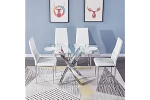 ‎GOLDFAN GOLDFAN Esstisch mit 4 Stühlen Glastisch mit Weißer Stuhl Essgruppe mit 4 Stühlen Quadratischer Wohnzimmertisch Glas 120x80cm