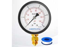 Hansfelds 4''Dial Face 0-10 Bar Dry Pressure Gauge Black Metal Case 1/2"BSP Lower Mount Polycarbonate Window Brass Internal and Connection Dual Scale bar/psi Accuracy 1.6