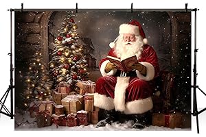MEHOFOND Toile de fond de Noël de 2,1 x 1,5 m MEHOFOND de 2,1 x 1,5 m - Livre d'histoire du Père Noël - Cadeau pour cheminée - Fond de photographie - Portrait d'enfants - Décoration de fête - Bannière