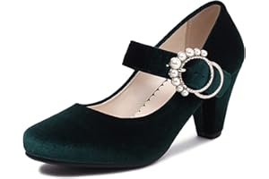 elerhythm Mary Janes anni '20 Retro Block Velluto Tacchi Gatsby Vintage chiuso punta rotonda con fibbia di perla, cinturino alla caviglia