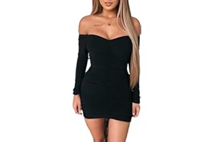 AMABILEMIA Vestito Corto Elegante Donna Mini Abito Sexy Nero Maniche Lunghe Vestito da Sera Aderente Abito Scollato Party AM397