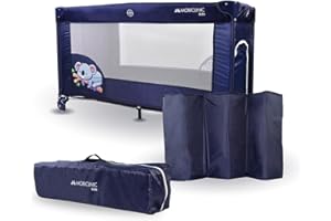 Mobiclinic®, Travel Cot, with Transport Bag, 2 in 1, Ultra-compact Folding, Removable Mattress, Mofli, up to 15kg, Breathable Fabric, Side Entrance with Zip, Wheels (Navy blue)