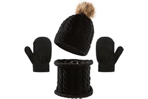 TBSCWYF Gorro de Punto Invierno Térmico con Guantes y Bufanda Forro Polar Niños Set Beanie Gorro Sombrero de Punto Invierno Cálido con Pompon para Niños Niñas