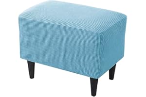 Highdi Copri Pouf Tessuto Jacquard Elasticizzato Rettangolo Copertura Dell'Ottomano Tinta Unita Copri Poggiapiedi Poltrona per Soggiorno, Rimovibile Lavabile Coprisgabello (Azzurro)