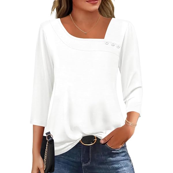 Aokosor Camicetta Da Donna Con Maniche A 3/4 A Sbuffo - Girocollo Con Orlo Curvo, Top Elegante E Casual - 2