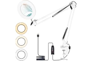 Ricyea Lampa LED z lupą, 10 x lampka do czytania, lupa z zaciskiem, 3 tryby kolorów, 10 poziomów jasności, ściemniana, lampa biurkowa z lupą do czytania, hobby, majsterkowania, dla seniorów (biała)