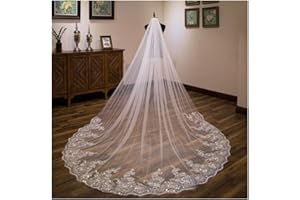 SHTGOI 3M Lange Hochzeitsschleier Kirche Hochzeit Brautschleier Tüll Kante Appliques Schleier mit Kamm Spitzen -Pailletten Softtüll für Braut Fotostudio Hochzeitskleid Zubehör Reines Weiß