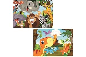 PALLEON Zestaw 2 podkładek pod stół z motywem dżungli i dinozaurów | podkładki na stół dla dzieci | zmywalne podkładki do ugniatania i malowania