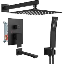 Gotonovo Duschsystem 3-in-1 Mattschwarz – 8 Zoll Regendusche, Handbrause & Wannenauslauf | Wandmontage Mit Grobventil