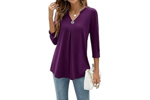 YloveM Blusa para Mujer Cuello en V Manga 3/4 Camisas Casuales Elegantes Túnica Top Color Sólido Blusas de Trabajo Largas Camisas