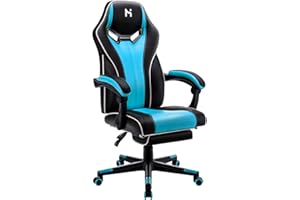HLFURNIEU Chaise Gaming Ergonomie, Fauteuil Gamer avec Hauteur Réglable, Siege Gaming Repose-Pieds Télescopique, Fauteuil de Bureau avec Dossier Réglable, Noir et Bleu