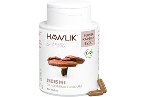 ‎HAWLIK HAWLIK Vitalpilze Bio Reishi Pulver Kapseln - 120 Kapseln - Natürlicher Anbau - Schonende Trocknung - Vegan - Zuckerrohr-Dose