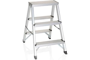 hjh OFFICE 801103 Escalera Aluminio 3 Peldaños Plegable Solid hasta 150 kg, Antideslizante, Ligera y Resistente, Uso doméstico