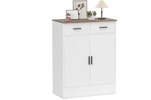 HOMCOM Credenza Cucina con 2 Cassetti e Armadietto 2 Ante, Mobile Cucina Moderno con Ripiano Regolabile, Credenza Buffet per Soggiorno, Sala da Pranzo e Salotto, 68.6x35x90.3 cm, Bianco e Marrone