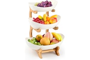 ANNTIM Frutero 3 Pisos Blanco, Fruteros de Cocina Modernos, Frutero de Cerámica Cesta de Frutas de 3 Niveles con Pararse Bambú para Decoración de Cocina, Verduras, Frutas, Aperitivo
