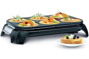 Tefal Crêpière électrique, 6 empreintes, Revêtement antiadhésif, Fonction Thermospot, Rangement des accessoires sous l’appareil, Crêpes, Pancakes, Fabriqué en France, Crep Party PY558813, Noir/Inox