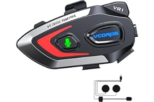VCOROS Auriculares Casco Moto,VR1 Manos Libres Moto,5.3 Bluetooth Dual Cancelación de Ruido DSP&CVC,IPX6 Impermeable,Respuesta Automática Compatible con Todos Los Cascos 1000mAH (Hard Mic)