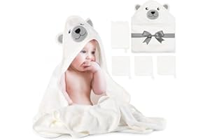 momcozy Set Asciugamani Bambù per Neonato 5 Pz, 1 con Cappuccio, 3 Asciugamani, 1 Guanto da Bagno, Soffice e Ecologico – Regalo Nascita Bimbo, Regali Neonata Femmina
