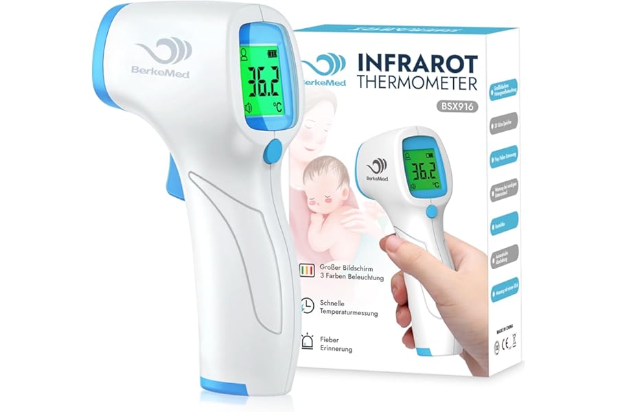 BerkeMed Fever Thermometer, Non-Contact Infrared Thermometer, Digital Thermometer, Fast Measurement and Accurate Memory Function, Suitable for Adults, Children and Babies