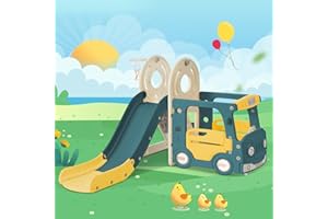 SWEIKO Toboggan pour Enfants 4 en 1, Comprenant Un Bus, Un Toboggan, Une échelle d'activité, Un Panier de Basket-Ball et des Ballons de Basket-Ball assortiss (Green + Yellow)