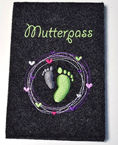 Mutterpasshülle Wollfilz anthrazit Füßchen & Herzchen