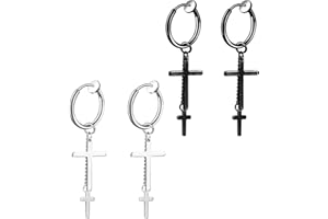 Flongo Boucles d’Oreilles Non Percées pour Femme Homme, 2 Paires Clips Sans Trou Boucles d’Oreilles Frangées Croix/Crâne Acier Inoxydable Hip Hop Unique Fantaisie Cadeaux Anniversaire Noël