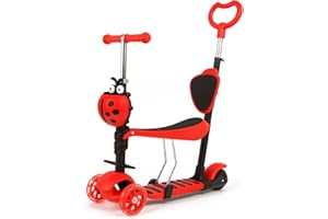 True Face 5 in 1 Kids Scooter, 3 Wheels Kick Scooter with LED Flashing Light, Adjustable Removable Handlebar & Seat & Anti-Slip Pedal for Ages 2 to 11 Years kids Push Scooter, Ladybug Girls Scooters