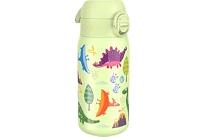 Ion8 Borraccia Inox Leggero per Bambini, 400ml, Non Isolato, a Prova di Perdite, Facile da Aprire, Serratura Sicura, Lavabile in Lavastoviglie, Facile Pulizia, Durevole e Antigraffio, Dinosauri