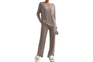 JENJON Femme Ensemble de Costume 2 Pièces Manches Longue Tricot Côtelé Pantalon Droit Survêtement Col en V Automne Hiver