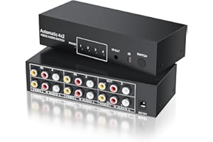 BolAAzuL Commutateur répartiteur 4 ports RCA 4 en 2 sorties composite vidéo L/R, boîte de sélection audio 4 x 2, commutateur sélecteur AV 4 ports avec télécommande, pour Wii, PS2, Xbox, DVD,
