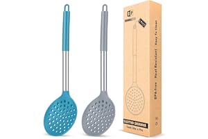 BUNDLEPRO Pack of 2 Kitchen Ladle Strainer, Large Slotted Spoon with High Heat Resistant,BPA Free Non Stick Cooking Skimmers for Draining & Frying (Gray-Blue)