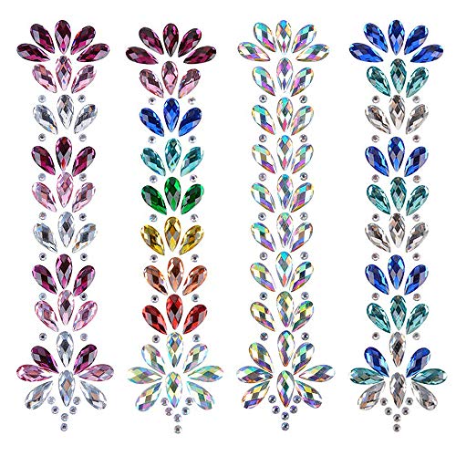 Tobao Cara Tatuajes Temporales Pegatinas, Cuerpo Cabello Clavícula Hombro Cristales Autoadhesivos para Niñas Mujeres Chicas Verano Música Festival Fiesta Maquillaje, Multicolor, 4 Hojas
