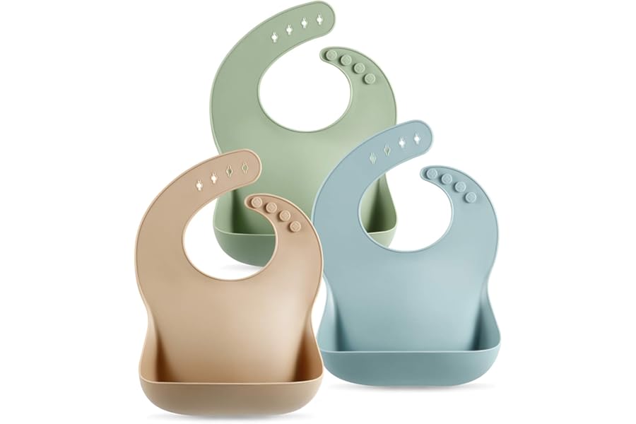 PandaEar 3 Pack Thick Silicone Baby Bibs for Babies & Toddlers (10-72 Months)| Waterproof Baby Feeding Bibs Adjustable with Wide Food Catcher Pocket, Soft, Unisex, Non Messy |Brown/Blue/Green