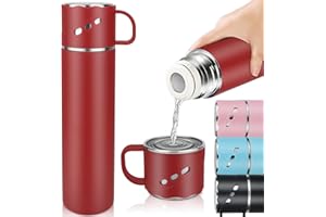 BEIJIE Botella Agua Acero Inoxidable de 550ml, Termo Cafe para Llevar Mantiene 12h Frio/Calor, Vaso Termico a Prueba de Fugas al Vacío, Hydro Flask Deportiva con Taza y Asa, para Café, Leche y Té (Rojo)