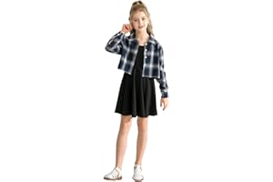 OFANYIA Kids Girl 2 Piece Outfits Girls Sleeveless Bodycon Dress with Crop Jacket Costumes Children Plaid Long Sleeve Tops + Cami Dress Set Clothes